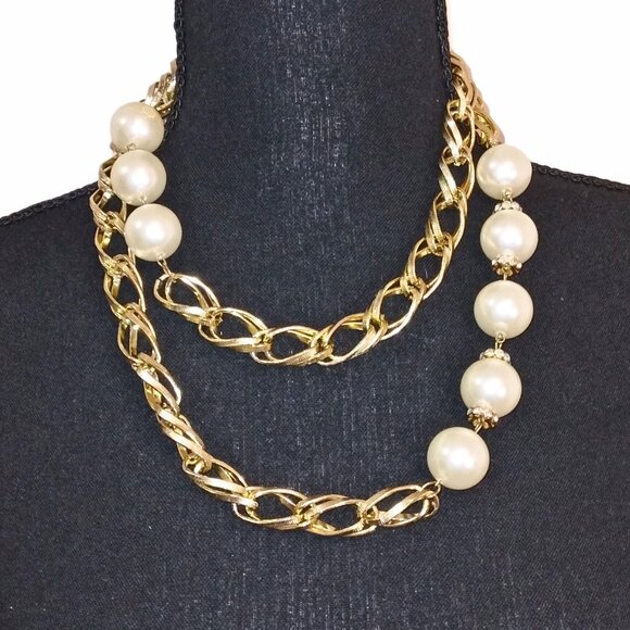 WOMEN'S GOLD & PEARL TWO-STRAND LINK CHOKER NECKLACE - Picture 1 of 2